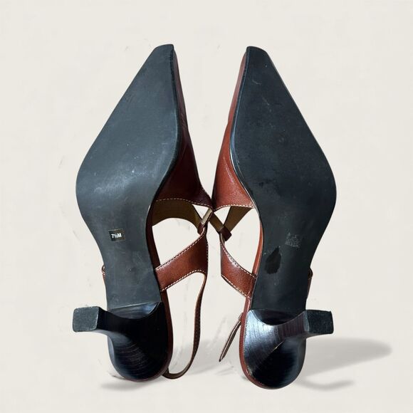 Y2k Vintage Franco Sarto Brown Leather Slingback Heels T-Strap Pointed Toe 7.5 - Picture 7 of 7